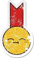 verontruste sticker van een leuke cartoon gouden medaille vector