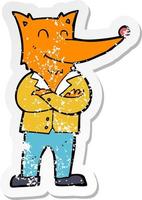 retro verontrust sticker van een tekenfilm vos in overhemd vector