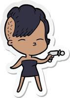 sticker van een tekenfilm loensen meisje richten straal geweer vector