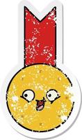 verontruste sticker van een leuke cartoon gouden medaille vector