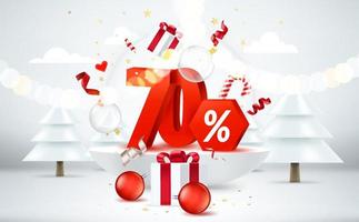 zeventig procent kerstkorting. seizoen verkoop banner. lichte kamer met kerstelementen en cijfers. 3D-stijl vector banner