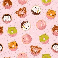 schattig kleurrijk dier donuts naadloos patroon voor kinderen in tekenfilm stijl Aan roze achtergrond, smakelijk bakkerij ornament vector