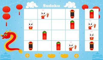 sudoku spel voor kinderen met schattig draak en lantaarn, afdrukbare logisch werkblad voor kinderen boek in tekenfilm stijl vector