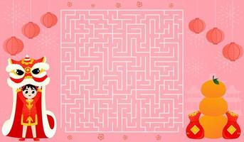 maan- nieuw jaar puzzel spel met labyrint, vind Rechtsaf manier naar mandarijnen met schattig meisje dansen leeuw dans vector