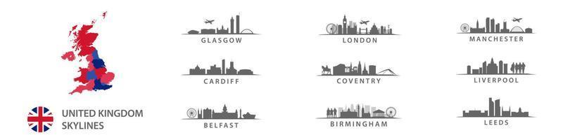 groot steden in verenigd koninkrijk, skylines in vector sihouettes, Engels bestemmingen Leuk vinden Londen, leed, Coventry, Birmingham, Liverpool, , belfast, cardiff, Glasgow