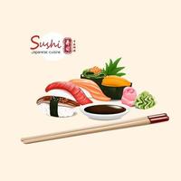 reeks van sushi Japans traditioneel voedsel met verschillend soort vector illustratie Japans tekst gemeen sushi Japans keuken