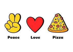 vrede, liefde, pizza concept afdrukken voor t-shirt.vector tekenfilm tekening lijn grafisch illustratie logo ontwerp. vrede teken, hart, pizza plak afdrukken voor poster, t-shirt, logo concept vector