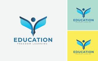 gelukkig aan het leren onderwijs logo ontwerp. concept voor gelukkig leerling, boeken menselijk, pen, vrijheid. vector