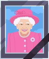 koningin Elizabeth ii portret in roze kostuum met hoed foto kader met zwart lintje. in geheugen van monarch concept. Brittannië s koningin voorbij gaan aan weg eerbetoon. vector