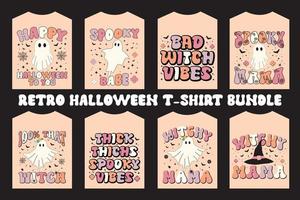 retro halloween t-shirt bundel. mooi en opvallende halloween vector cartoon-stijl van geesten, vleermuizen, bloemen, heksen, en veel meer.