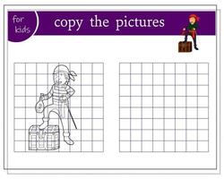 kopiëren de afbeelding, leerzaam spellen voor kinderen, een tekenfilm piraat is staand Aan een borst. vector geïsoleerd Aan een wit achtergrond