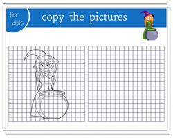 kopiëren de afbeelding, leerzaam spellen voor kinderen, tekenfilm heks kookt een toverdrank in een ketel. vector geïsoleerd Aan een wit achtergrond