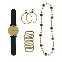 mode accessoires sieraden set. elegant sieraden met metaal elementen. elegant oorbellen, ketting, armband, polshorloge Aan een zwart band vector