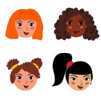 schattig tekenfilm kinderen avatars set. verschillend kinderen gezichten in gemakkelijk hand- getrokken stijl, vector clip art illustratie. gelukkig gezichten van meisjes van verschillend nationaliteiten