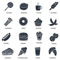 reeks van snel voedsel icoon logo vector illustratie. ijs room, popcorn, donut, koekjes, kaneel, hotdog, thee kop en meer pak symbool sjabloon voor grafisch en web ontwerp verzameling