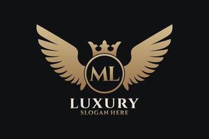 luxe Koninklijk vleugel brief ml kam goud kleur logo vector, zege logo, kam logo, vleugel logo, vector logo sjabloon.