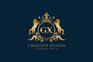 eerste gx retro gouden kam met cirkel en twee paarden, insigne sjabloon met scrollt en Koninklijk kroon - perfect voor luxueus branding projecten vector