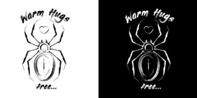 halloween monochroom wijnoogst embleem met spin, hart, tekst warm knuffels in schetsen stijl. grunge ongelijk verf borstel slagen, uitstrijkjes. ontwerp elementen voor halloween decoratie, t-shirt ontwerp. vector