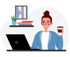 bedrijf vrouw werken met een laptop. afgelegen werk van huis. freelancer. vlak vector illustratie Aan een wit achtergrond.