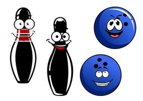 gelukkig glimlachen tekenfilm bowling pinnen en ballen vector