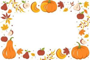 reeks met pompoen, herfst kleurrijk bladeren en fruit. kaart ontwerp gelukkig dankzegging. vector illustratie