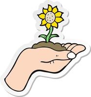 sticker van een tekenfilm bloem groeit in palm van hand- vector