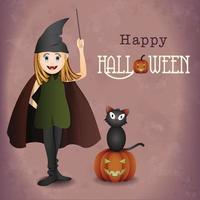 schattig weinig meisje heks halloween kostuum illustratie. heks met magie stokjes en zwart kat met pompoen. schattig halloween baby meisje. weinig heks vector