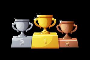 gerangschikt podium cups zijn zilver, bronzen en goud voor de spel. vector reeks van verschillend prijzen trofeeën voor de 3 winnaars.