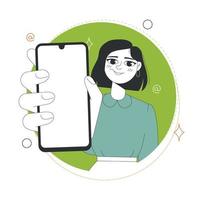 gelukkig vrouw shows smartphone scherm. mensen en gadgets concept. smartphone Scherm sjabloon voor website of advertentie. vector voorraad illustratie geïsoleerd Aan groen cirkel achtergrond. kopiëren ruimte.