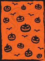 halloween themed oranje en zwart gekleurde achtergrond met eng glimlachen pompoenen en vleermuizen vector illustratie