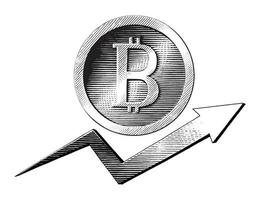 bitcoin symbool met omhoog trand hand- trek wijnoogst gravure stijl vector