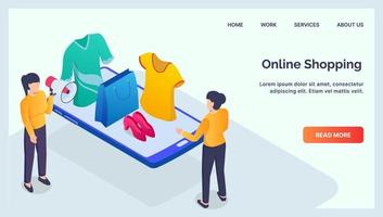 online boodschappen doen mobiel apparaten smartphone voor website sjabloon landen Startpagina met modern isometrische vlak vector