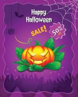 gelukkig halloween uitverkoop banier poster folder met eng pompoen, pot, boom, spin, schedel, knuppel, vol maan vector ontwerp
