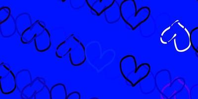 lichtroze, blauwe vectorachtergrond met glanzende harten. vector