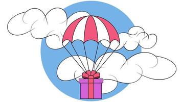 een geschenk doos daalt af door parachute Aan de achtergrond van de lucht met wolken vector