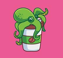 schattig Octopus bovenstaand van koffie papier glas. geïsoleerd tekenfilm dier natuur illustratie. vlak stijl sticker icoon ontwerp premie logo vector. mascotte karakter vector