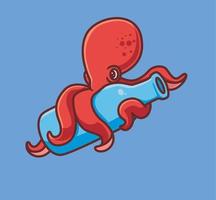 schattig rood Octopus knuffelen een fles. geïsoleerd tekenfilm dier natuur illustratie. vlak stijl sticker icoon ontwerp premie logo vector. mascotte karakter vector