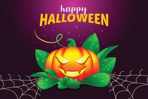 gelukkig halloween vector illustratie achtergrond met spookachtig pompoen, spin netto, typografie.