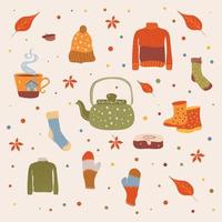 herfst illustratie, stickers met huiselijk schattig dingen. vector ontwerp voor kaart, poster, folder, web en andere gebruiken. sokken, ketel, trui, schoenen, beker, hoed