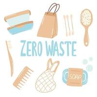 verzameling van duurzaam en herbruikbaar items of nul verspilling producten - milieuvriendelijk kruidenier Tassen, houten kam, tandenborstel, container. vlak vector illustratie.