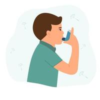 weinig jongen toepassingen een astma inhalator tegen aanval. wereld astma dag. allergie, bronchiale astma kinderen.vector illustratie vector