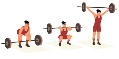 reeks van sterk vrouw in sportkleding aan het doen deadlift gedurende training. jong vrouw bodybuilder aan het doen opdrachten met een zwaar barbell in de Sportschool. gewichtheffen, sport- levensstijl. vector