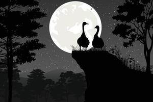 schattig gans en maan silhouet landschap vector