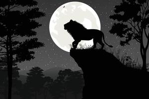 schattig leeuw en maan silhouet landschap vector