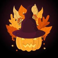 halloween illustratie met jack o'lantern in heks hoed en herfst bladeren. perfect voor spandoeken, sociaal media, gedrukt materialen ontwerp. vector