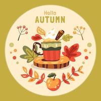 herfst illustratie met mok van koffie of cacao Aan een houten staan en bladeren vector