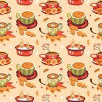 naadloos herfst patroon met heet koffie, cacao, kaarsen, koekjes en bessen vector