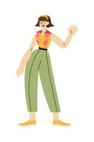 vrolijk brunette Dames in retro Jaren 60 kleren staand en golvend hand- vector