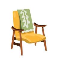 retro geel fauteuil met houten handvatten en groen deken, midden in de eeuw modern meubilair vector