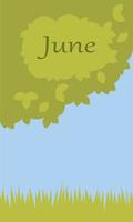 juni. zomer spandoek. vers groenen. groen bladeren, groen gras. geschikt voor ansichtkaarten, kalenders, promotionele producten. tekenfilm vector illustratie.